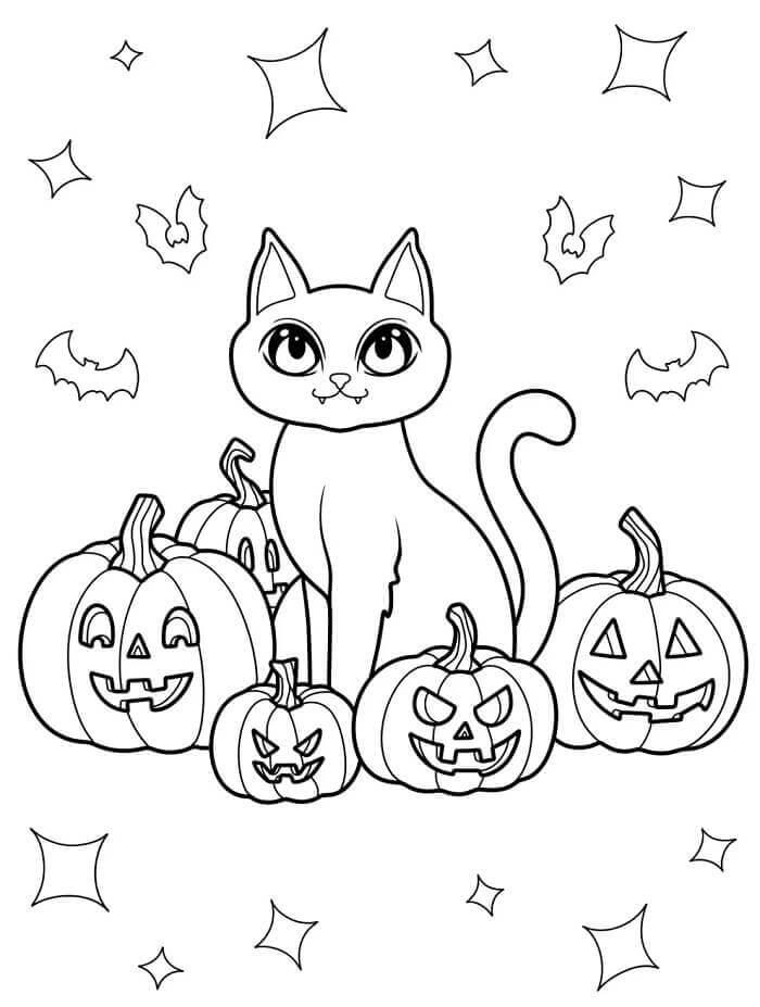 Katt og Halloween Gresskar fargelegging