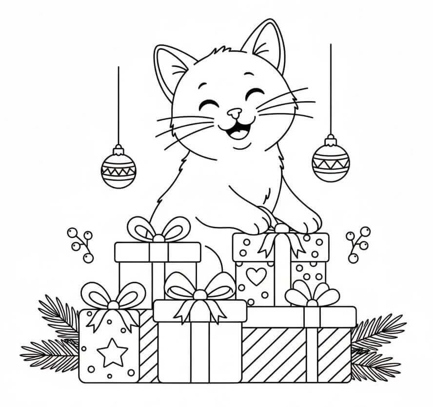 Katt og Julegaver fargelegging