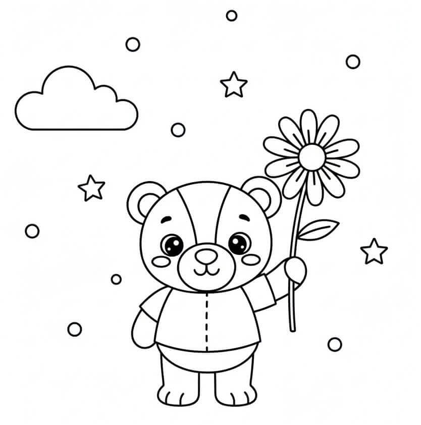 Bamse med Blomst fargelegging