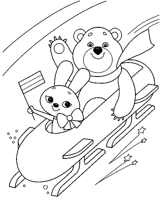 Bjørn og kanin i vintersport fargelegging