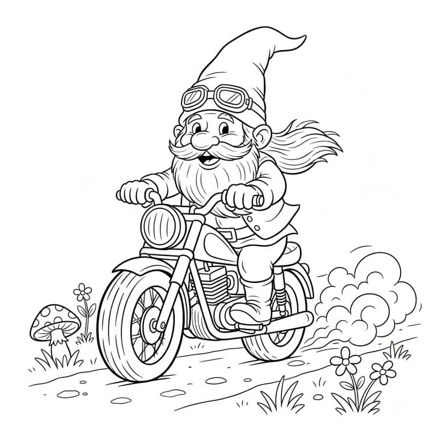 Gnom kjører motorsykkel fargelegging