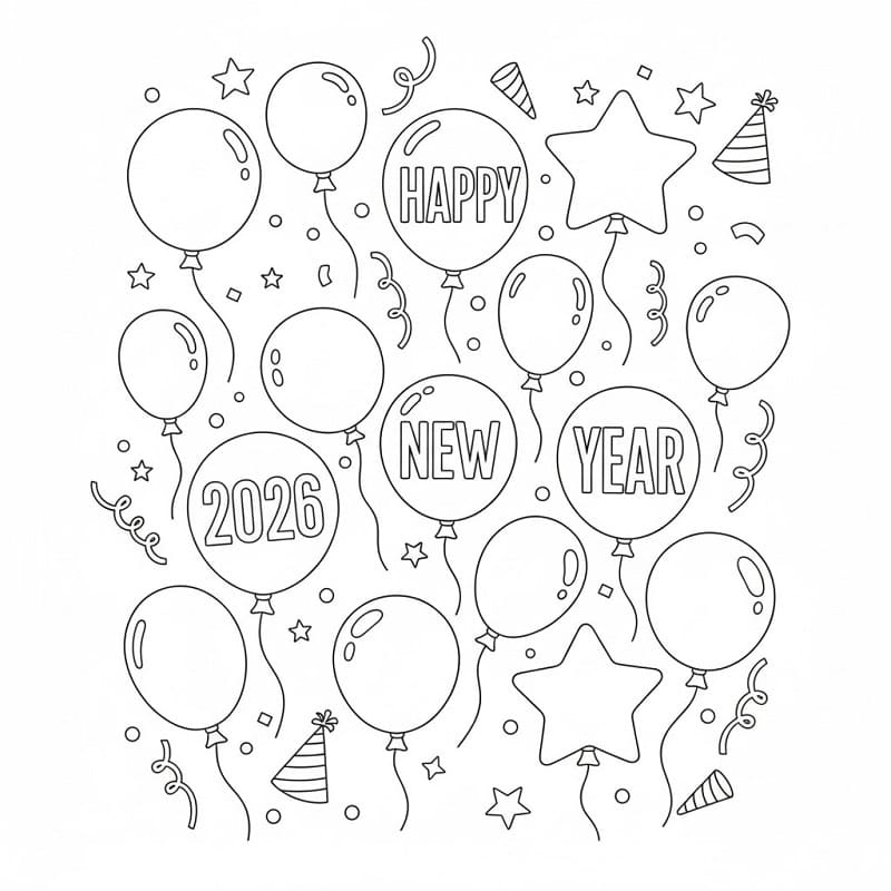 Godt nyttår 2026 med ballonger fargelegging