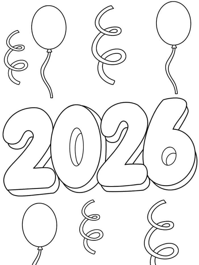 Godt nyttår 2026 med ballongpynt fargelegging