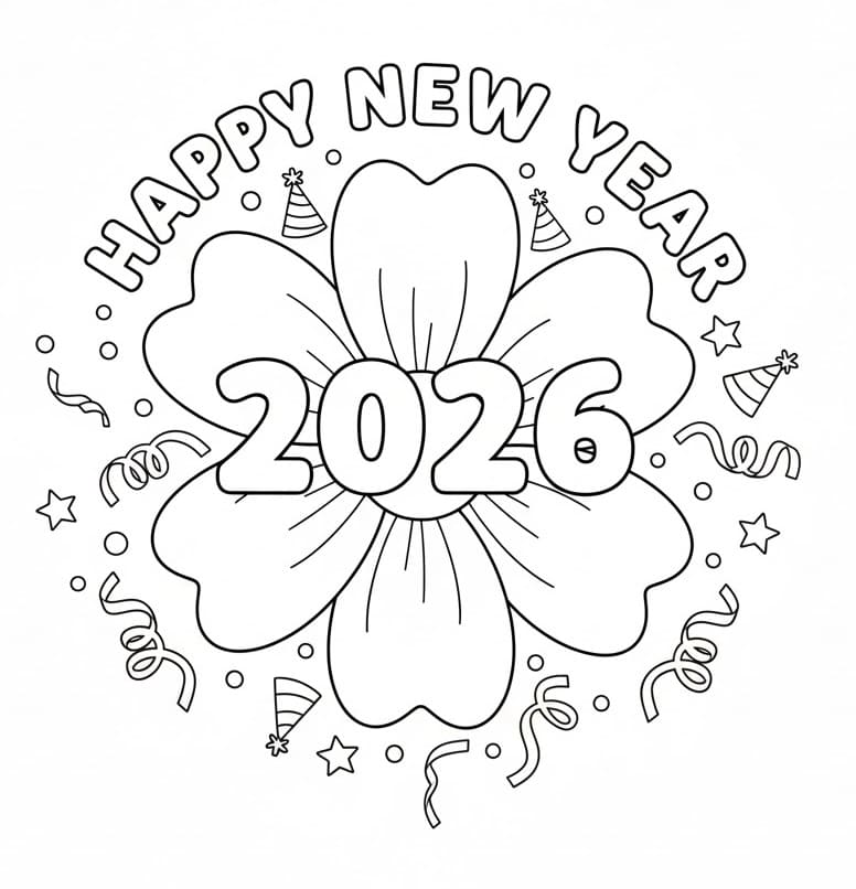 Godt nyttår 2026 med blomster fargelegging