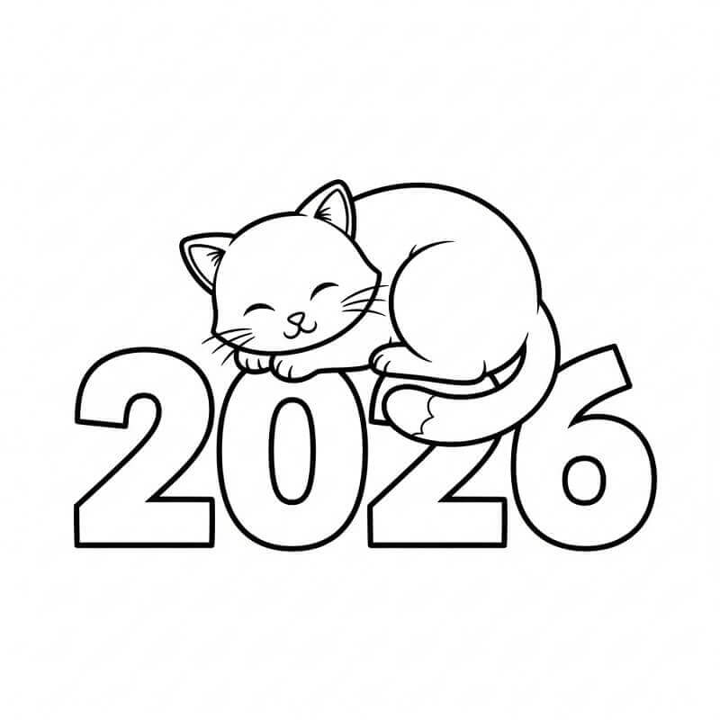 Godt nyttår 2026 med katt fargelegging