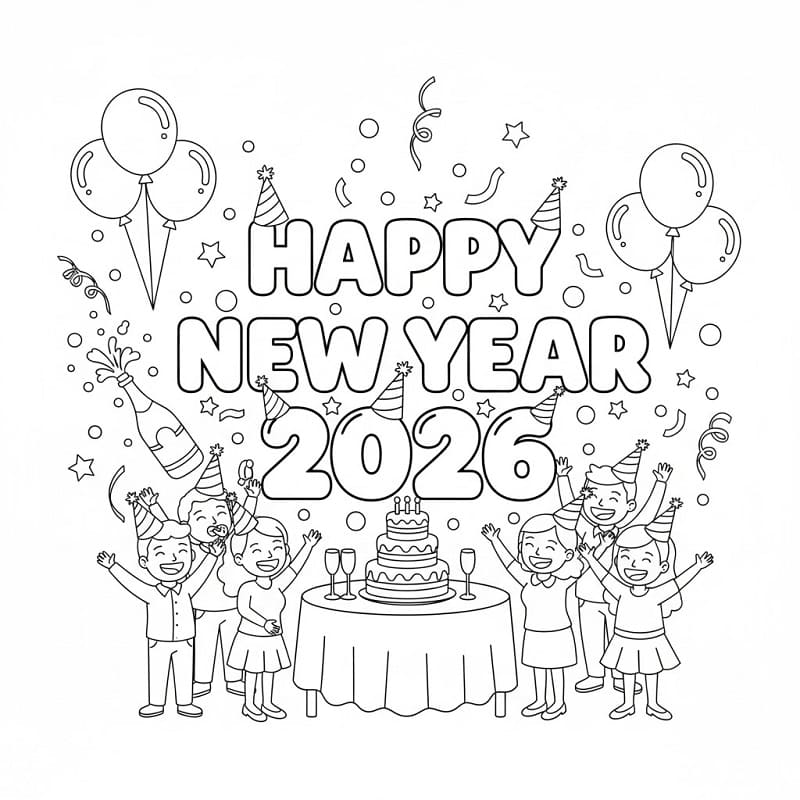 Gratis utskrivbar godt nyttår 2026 fargelegging
