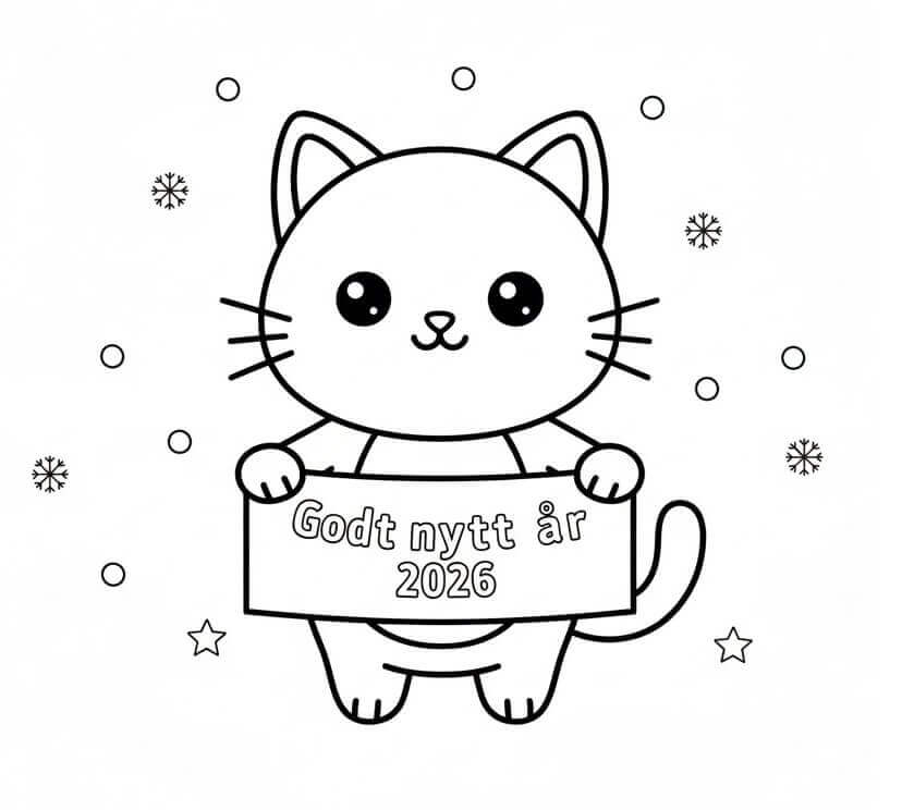 Katt og godt nyttår 2026 fargelegging