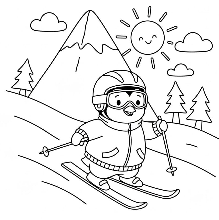 Skikjøring med pingvin fargelegging