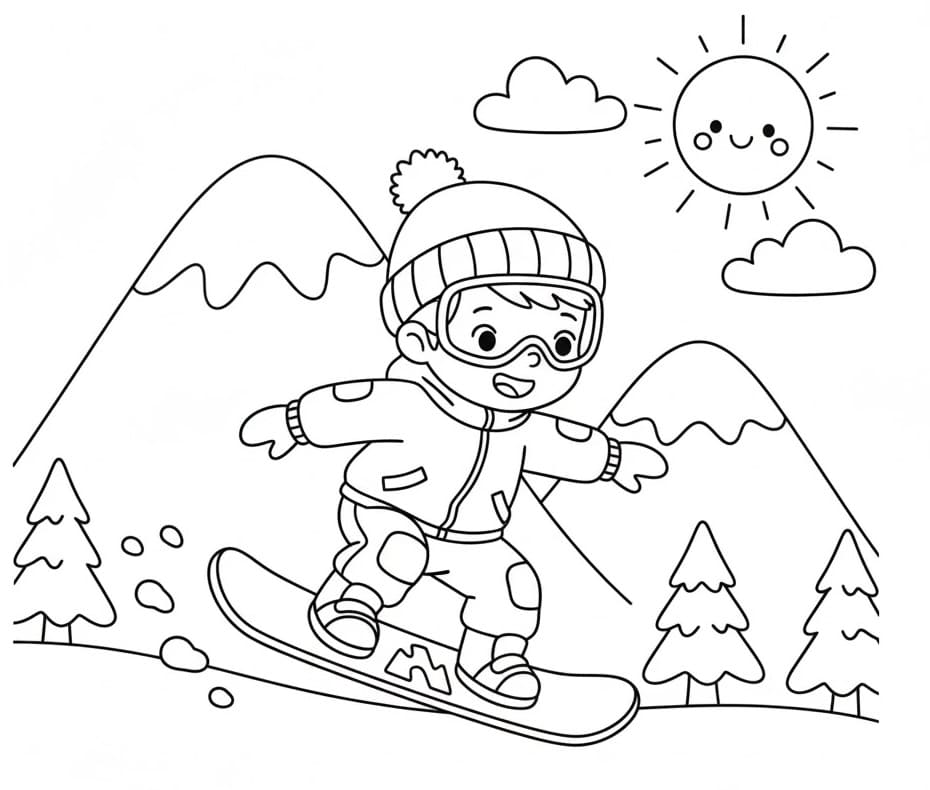 Snowboarding med søt gutt fargelegging