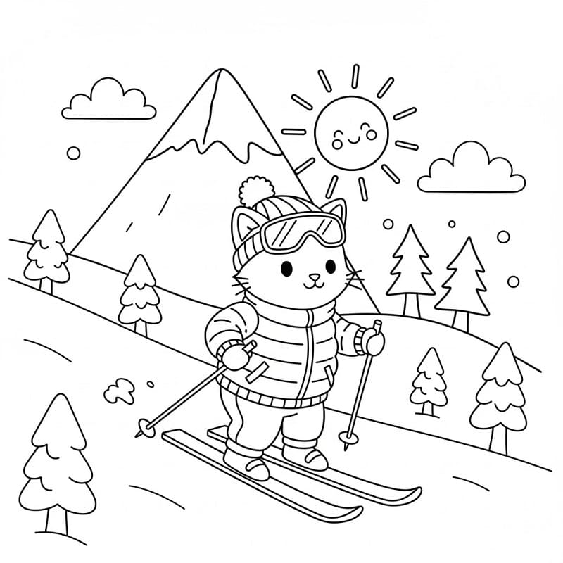 Søt katt på ski fargelegging