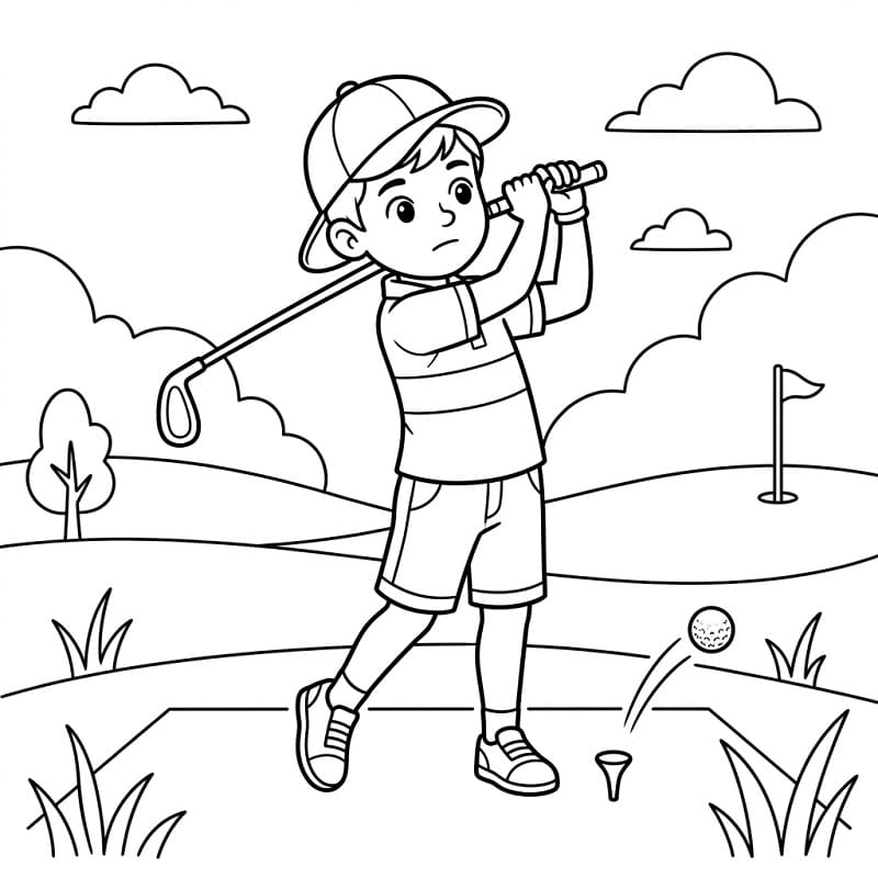 Gutt som spiller golf fargelegging