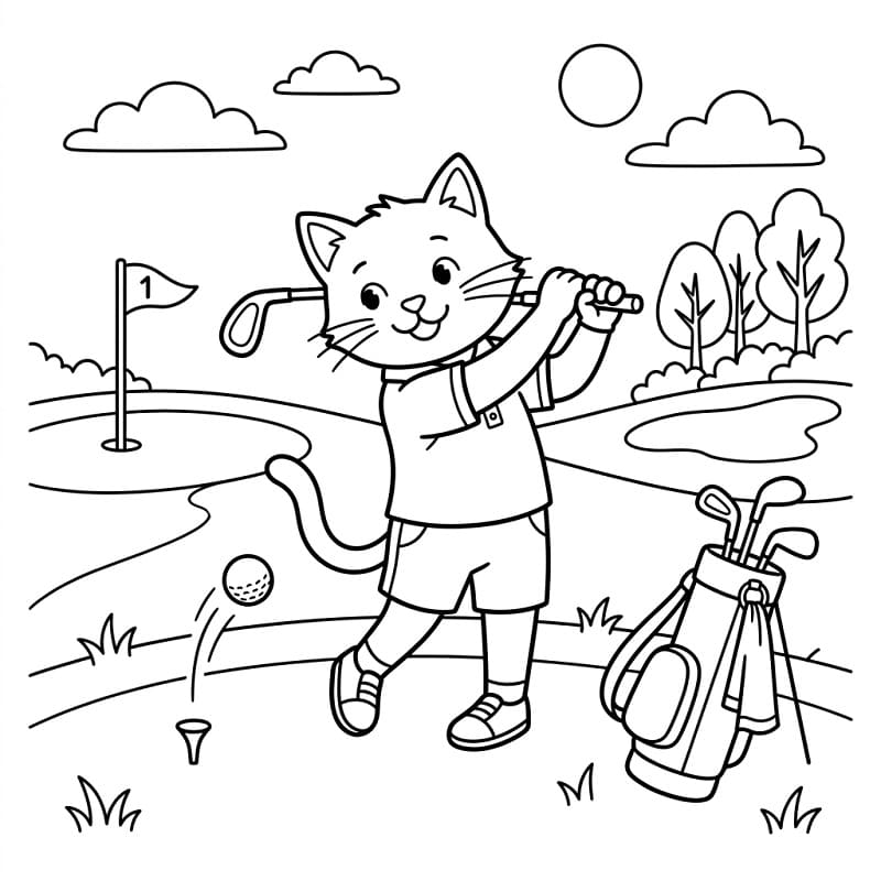 Liten katt som spiller golf fargelegging
