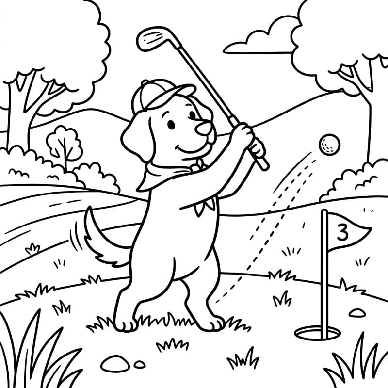Søt hund som spiller golf fargelegging
