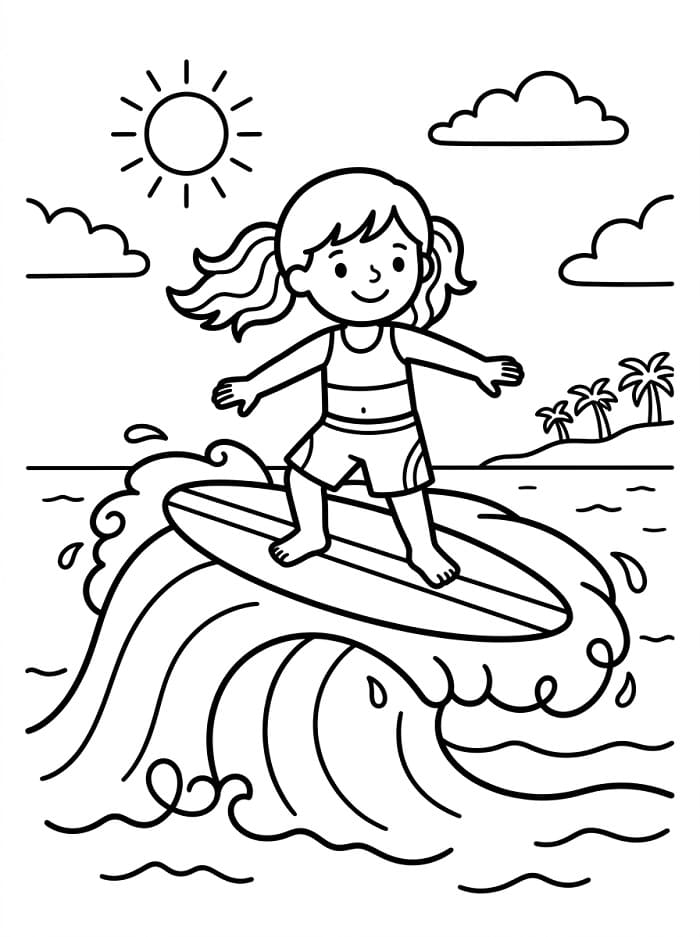 Liten jente som surfer fargelegging