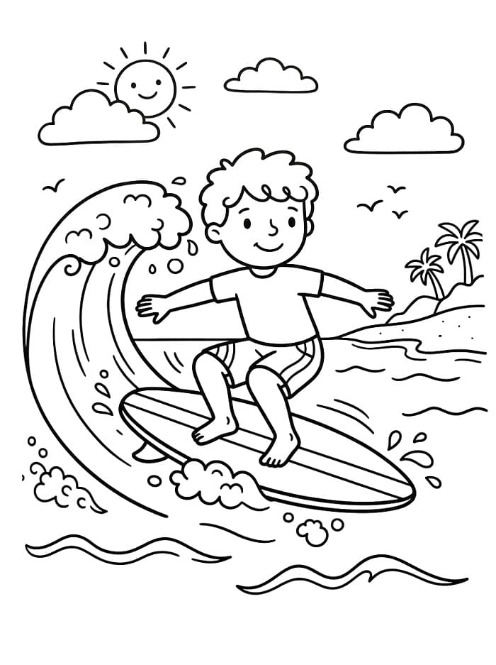 Søt gutt som surfer fargelegging