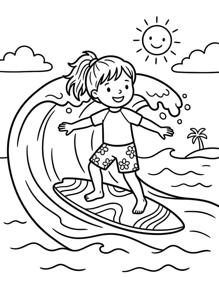 Søt jente som surfer fargelegging