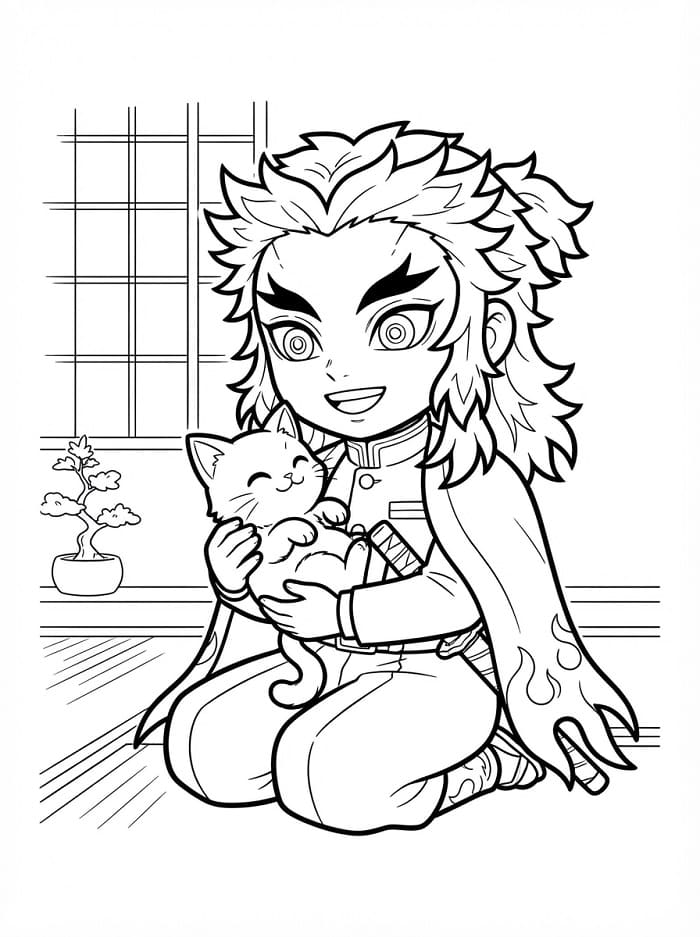 Kyojuro Rengoku med kattunge fargelegging