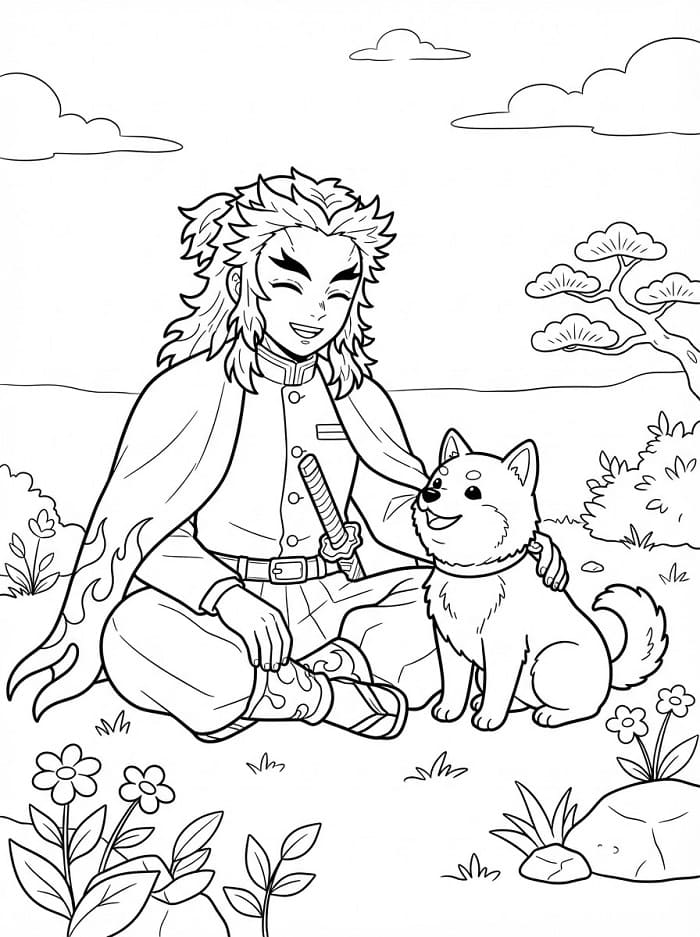 Kyojuro Rengoku og hund fargelegging