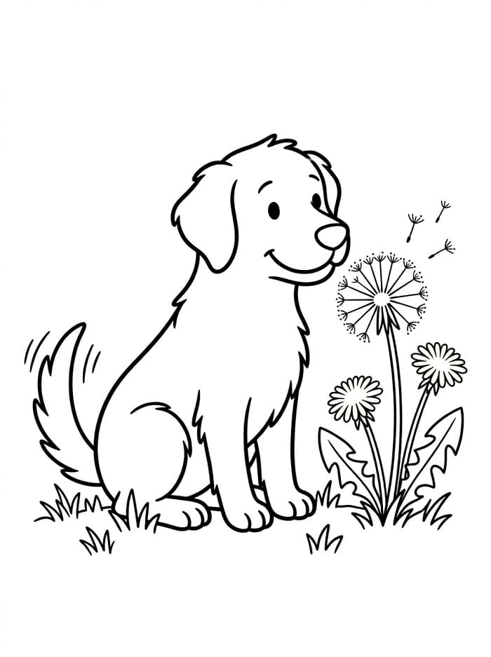 Glad hund og løvetann fargelegging