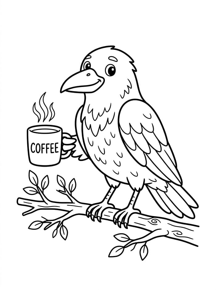 Kråke med en kaffekopp fargelegging